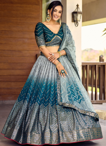 Chinon Silk Zari Embroidered Work Designer Teal Blue Lehenga Choli